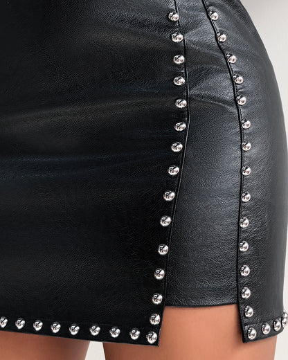 PU Leather Studded High Waist A Line Skirt Asymmetrical Hem Zipper Back Bodycon Mini Skirt