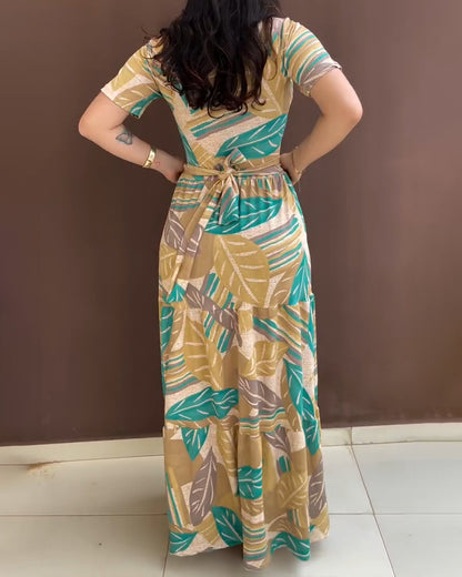 Plants Print Short Sleeve Tied Detail Maxi Dress Casual Waist Flowy A Line Dress