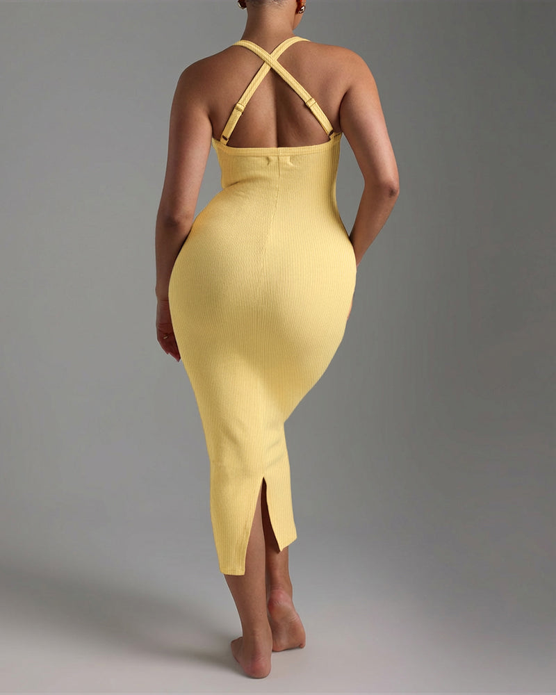 Criss Cross Straps Back Ribbed Mid-length Dress Sexy Slim Fit Backless Slit Back Dress