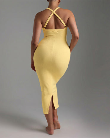 Criss Cross Straps Back Ribbed Mid-length Dress Sexy Slim Fit Backless Slit Back Dress