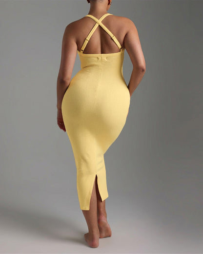 Criss Cross Straps Back Ribbed Mid-length Dress Sexy Slim Fit Backless Slit Back Dress