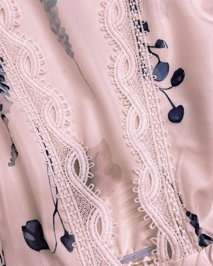 Floral Print Deep V-Neck Lantern Sleeve Casual Contrast Lace Tied Detail Blouse