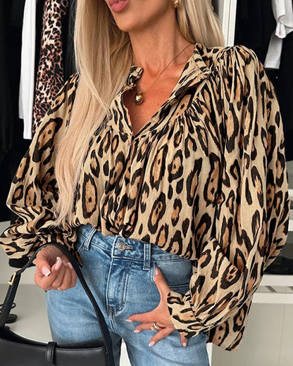 Leopard Print Round Neck Long Sleeve Front Button Blouse Casual Top
