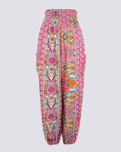Tribal Print Shirred High Waist Cinched Hem Long Pants Vacation Pants with Pocket Vintage Pants