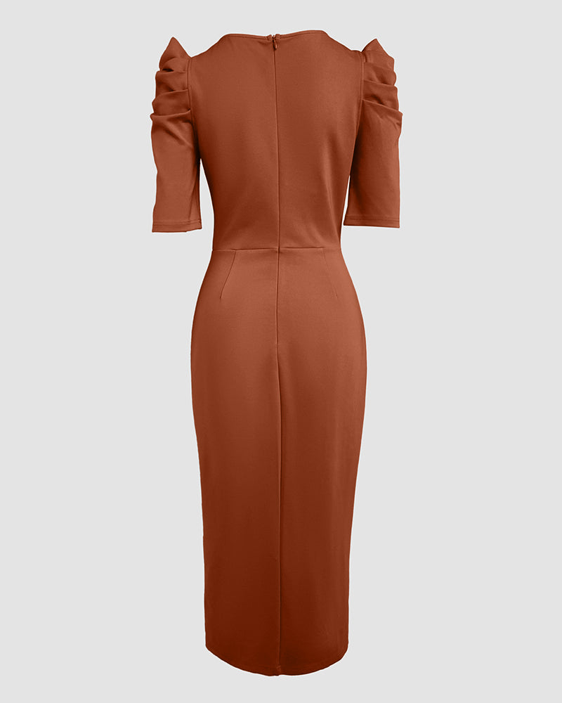 3D Flower Decor Round Neck Puff Sleeve Bodycon Dress Casual Ruched Slit Zipper Back Work Dress