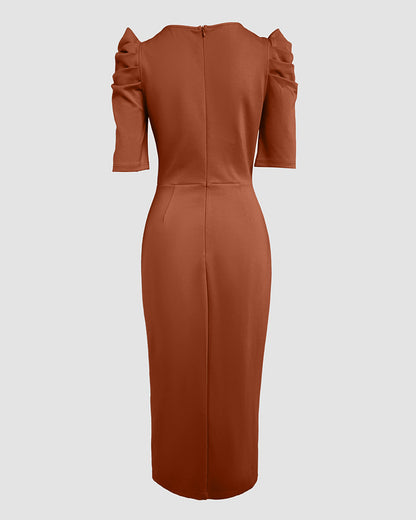 3D Flower Decor Round Neck Puff Sleeve Bodycon Dress Casual Ruched Slit Zipper Back Work Dress