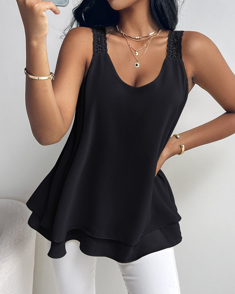 U-Neck Thick Strap Tank Contrast Lace Tied Detail Top