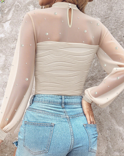 Pearls Decor High Neck Sheer Mesh Spliced Ruched Tee Hollow-out Back Slim Fit Textured Top