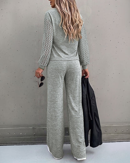 Women's 2 Piece Outfits Lace Patchwork Long Sleeve Top and Knot Front Straight Leg Pants Set Casual Matching Lounge Set