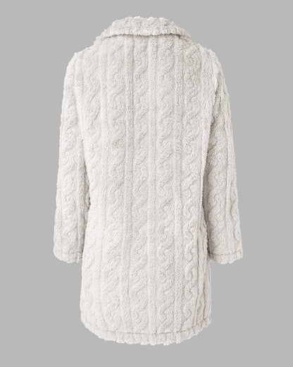 Cable Textured Lapel Neck Button Front Pocket Design Thermal Teddy Coat