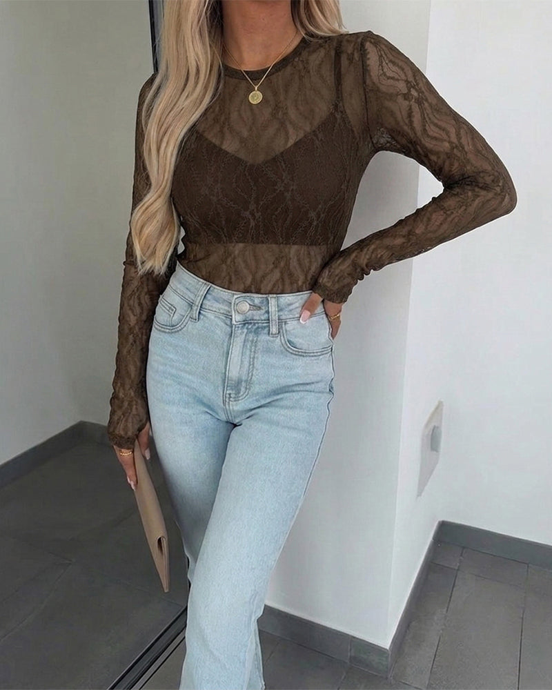 Women's Jacquard Textured Sheer Lace Long Sleeve Top Crewneck Slim Fit Tee with Thumb Holes