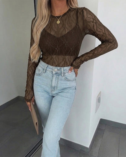 Women's Jacquard Textured Sheer Lace Long Sleeve Top Crewneck Slim Fit Tee with Thumb Holes