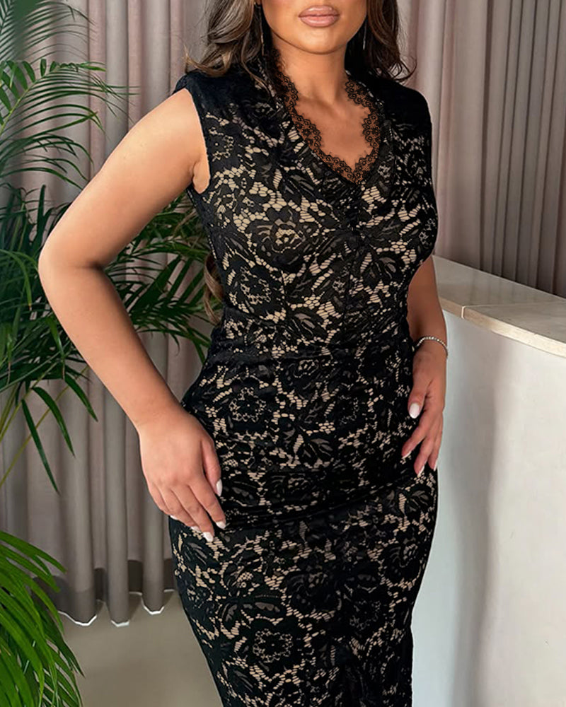 Women's V-Neck Sleeveless Lace Midi Dress Side Slit Bodycon Dress