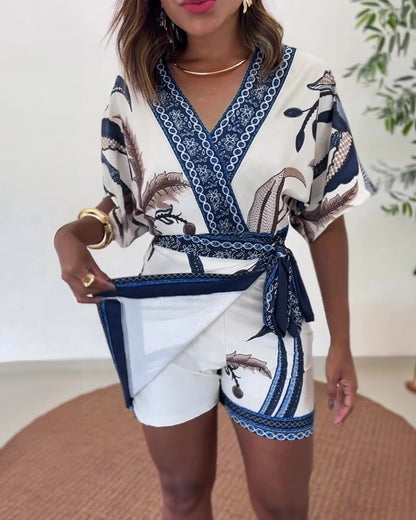 Women's Tropical Print Romper V Neck Wrap Knot Side Jumpsuit Half Sleeve Beach Vacation Summer Skorts Romper