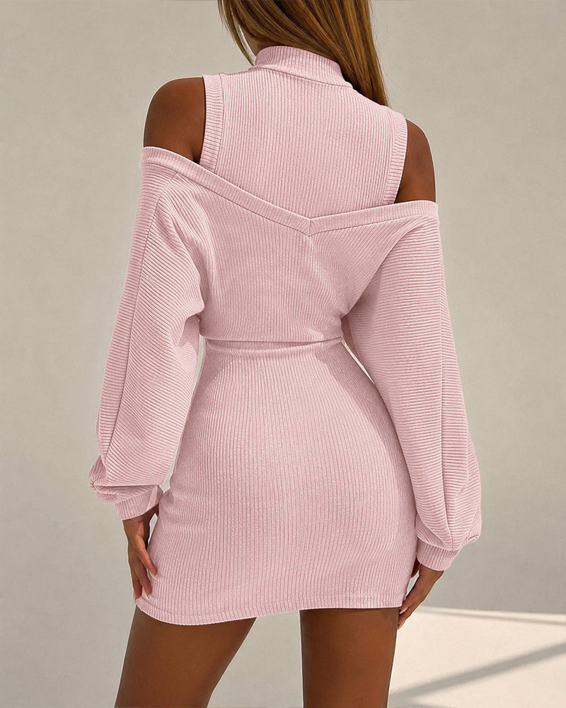 Women's 2 Piece Knit Dress Set Mock Neck Sleeveless Bodycon Mini Dress and Crop Sweater