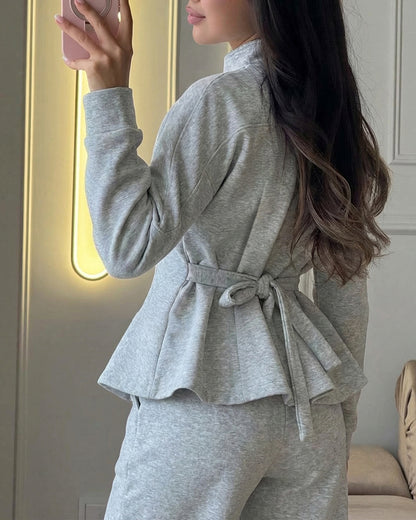 Women's French Style 2 Piece Tracksuit Set Peplum Zip-Up Tied Detail Jacket and Slit Hem Wide Leg Pants