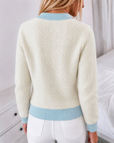 Women's Contrast Binding Knit Cardigan Pearl Beaded Textured Cropped Sweater Elegant Rhinestone Button Coat