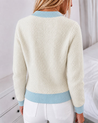 Damen-Strickjacke mit Kontrasteinfassung, strukturierter Kurzpullover mit Perlenperlen und elegantem Mantel mit Strassknöpfen