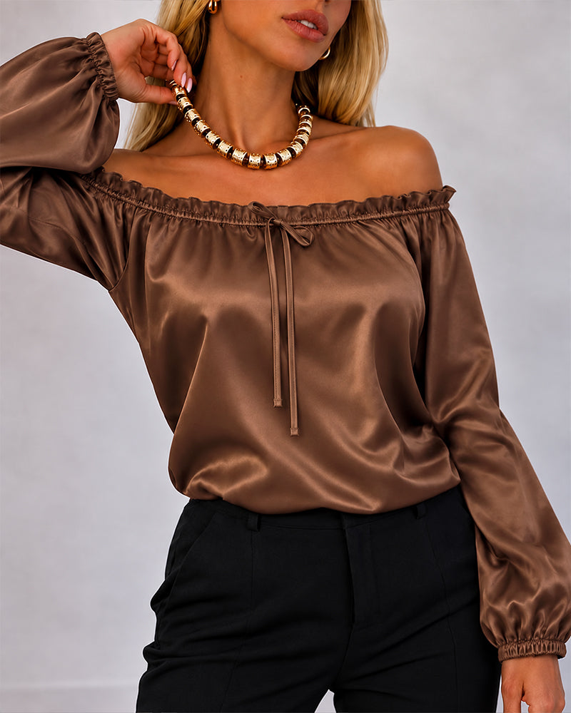 Women's Off Shoulder Satin Frill Trim Tie Front Lantern Sleeve Top