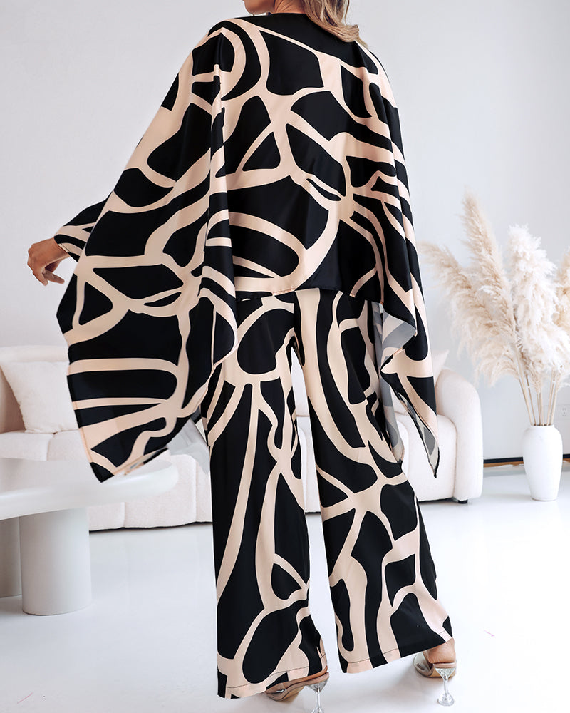 2 Pieces Outfit Abstract Print Batwing Sleeve Asymmetrical Top and Casual Wide Leg Pants Set