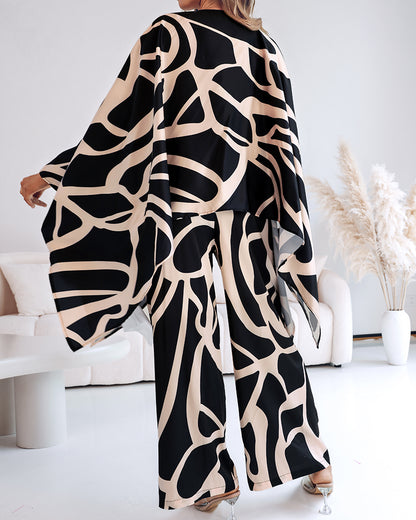 2 Pieces Outfit Abstract Print Batwing Sleeve Asymmetrical Top and Casual Wide Leg Pants Set
