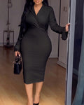 Women's Shawl Lapel V Neck Long Sleeve Midi Dress Elegant Sequin Tassel Cuffs Slit Bodycon Work Dress