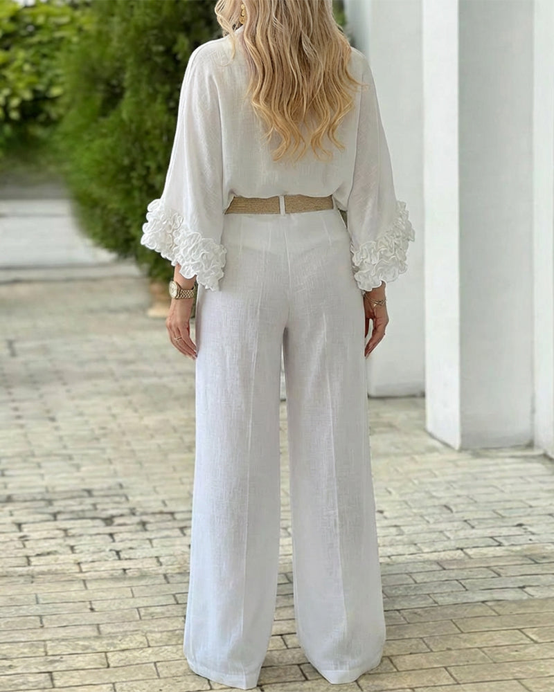 2 Pieces Outfit Turn-down Collar V-Neck Ruffles Cuffs Asymmetrical Hem Top and Wooden Single Breasted Decor Elastic Waist Wide Leg Pants Set with Belt