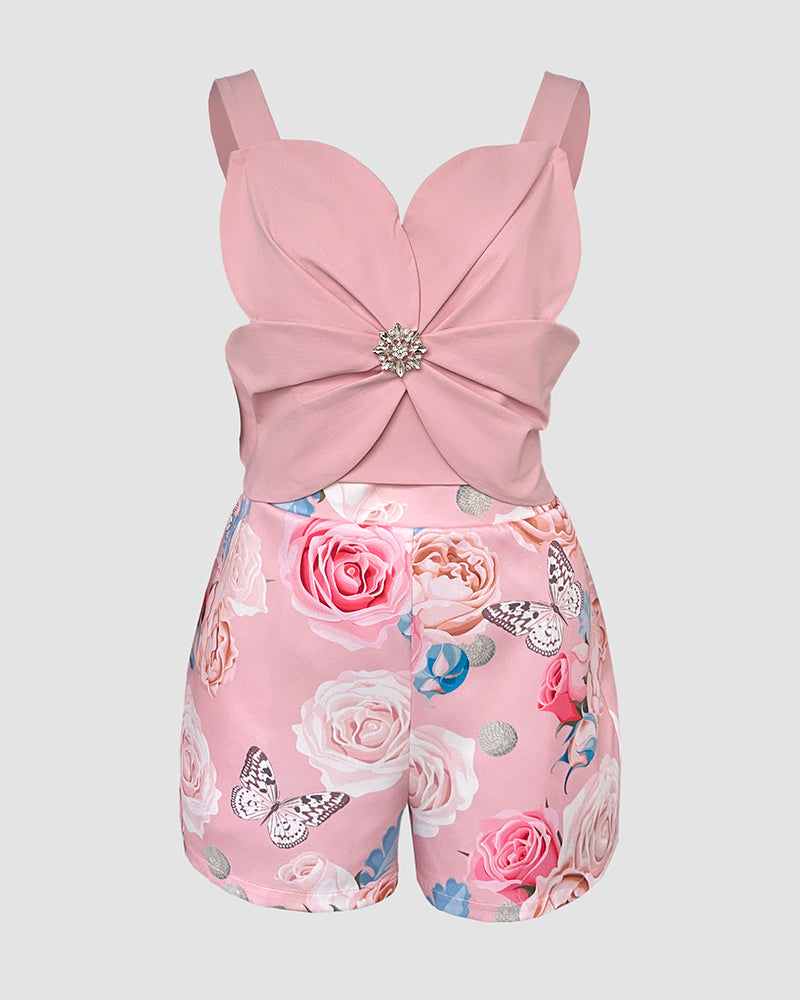 Women's 2-Piece Set 3D Floral Rhinestone Crop Cami Top and Floral Butterfly Print High Waisted Shorts with Pockets