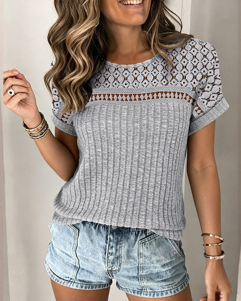 Lace Spliced Round Neck Rolled Cuffs Tee Casual Short Sleeve Ribbed Brushed Top