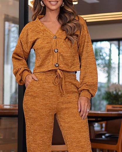 2 Pieces Outfit Fuzzy Knit Lantern Sleeve Cardigan and Casual Drawstring Wide Leg Pants Set