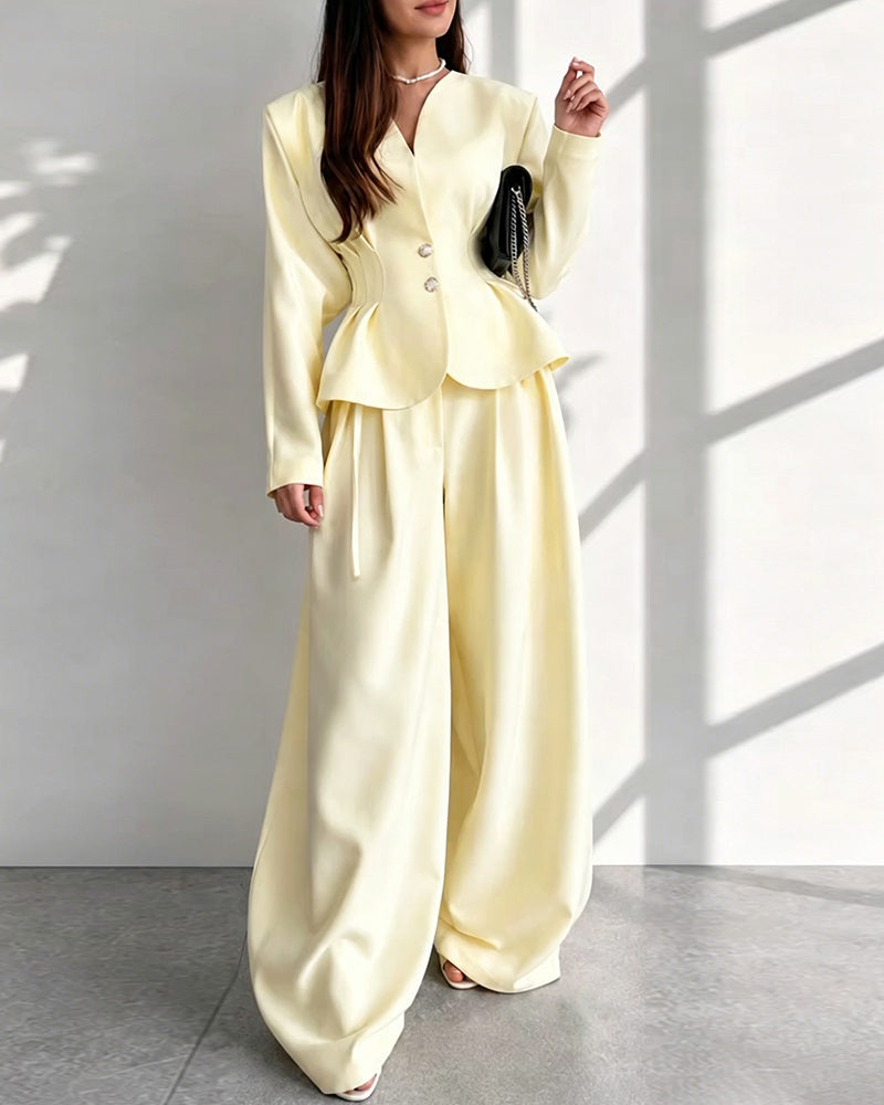 Women's 2 Piece Outfits V Neck Shirred Peplum Top and High Waist Wide Leg Pants Set