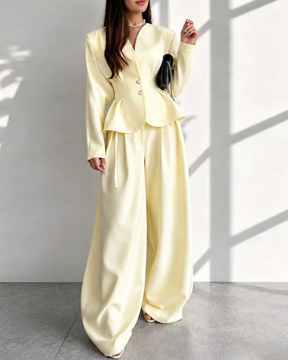 Women's 2 Piece Outfits V Neck Shirred Peplum Top and High Waist Wide Leg Pants Set