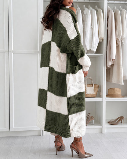 Women's Checkerboard Knit Cardigan Oversized Long Chunky Sweater Loose Lantern Sleeve Coat with Pockets