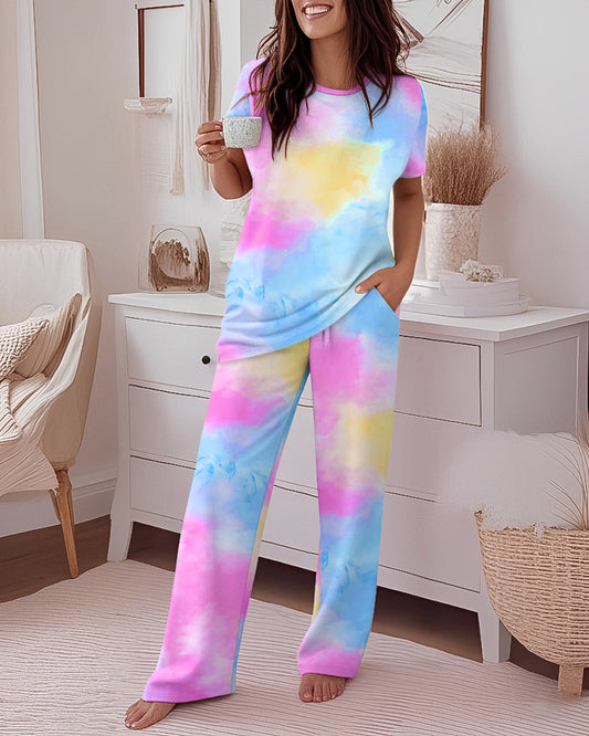 2 Pieces Outfit Tie Dye Print Short Sleeve Top and Elastic Waist Loose Fit Pants Set Casual Pajamas Set