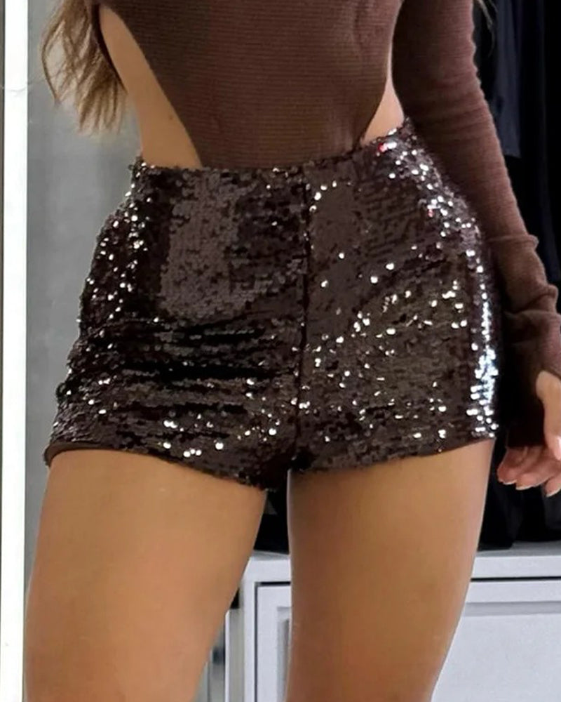 Allover Sequin Solid Zipper Side Fashion Versatile Shorts