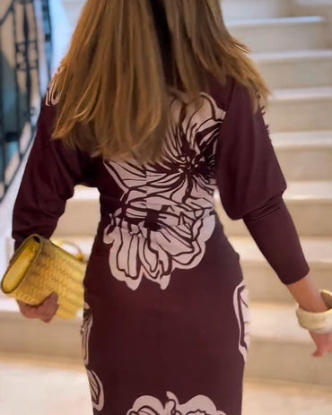 Floral Print Batwing Sleeve Plunge V Neckline Maxi Dress Elegant Ruched Slit Bodycon Dress