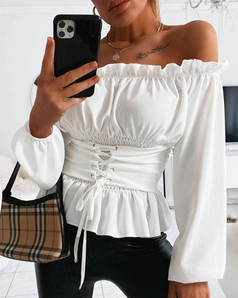 Off Shoulder Lace Up Front Casual Blouse
