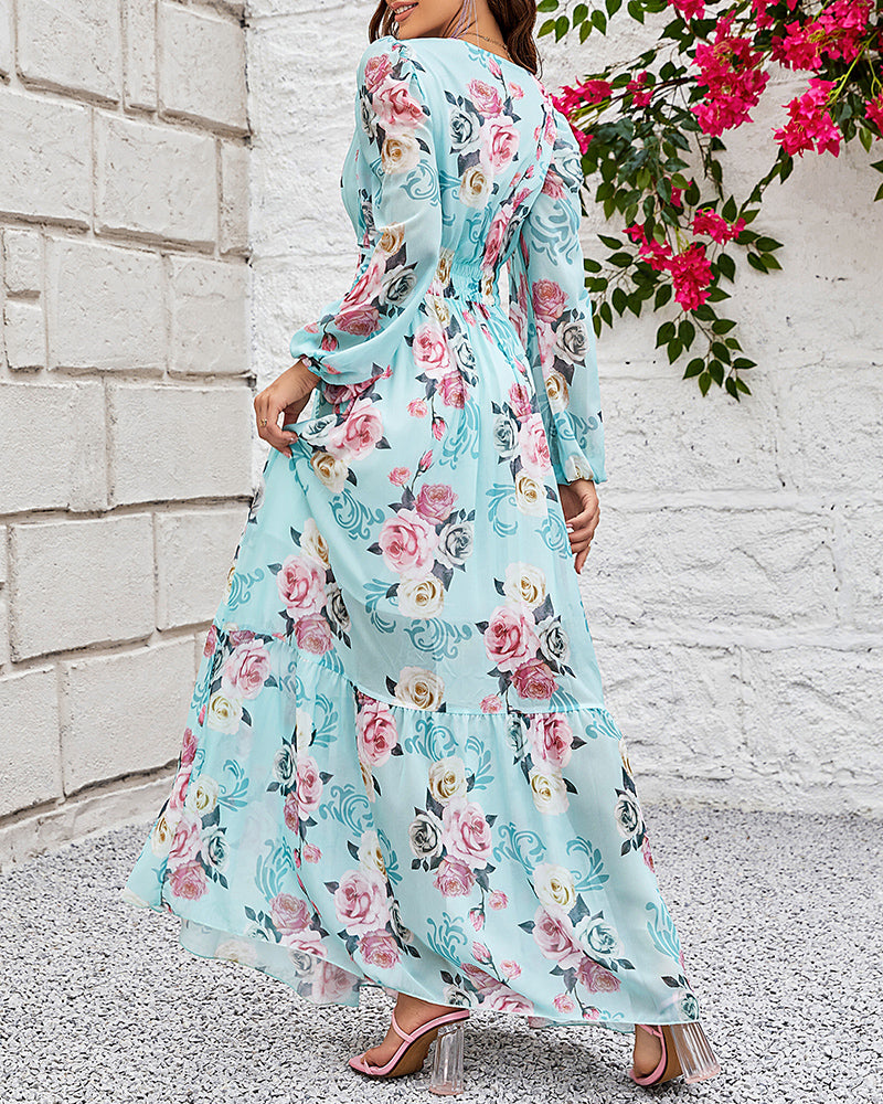 Floral Print Deep V Neck Lantern Sleeve Cinched Waist Maxi Dress Shirred Back Ruffle Hem A Line Dress