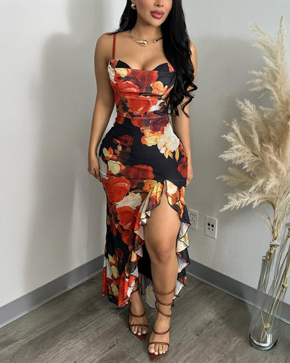 Women's Floral Print Mesh Dress Ruffle Hem High Slit Mermaid Cami Dress Sexy Sleeveless Bodycon Party Dress