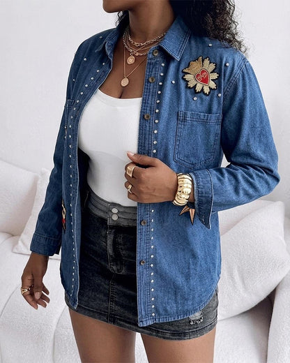 Women's Rhinestone Denim Shacket Vintage Badge Embroidered Button Down Long Sleeve Washed Jean Jacket