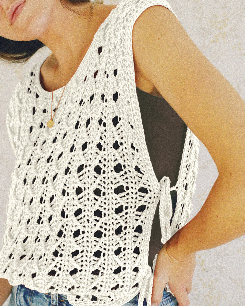 Round Neck Sleeveless Hollow-out Crochet Sweater Casual Tie Side Breathable Crop Top