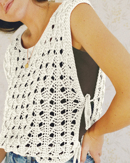 Round Neck Sleeveless Hollow-out Crochet Sweater Casual Tie Side Breathable Crop Top