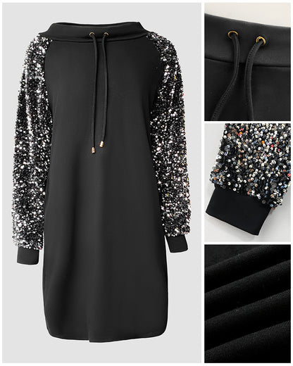 Stand Collar Sequin Long Sleeve Drawstring Casual Mini Straight Dress