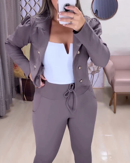 Women's 2 Piece Blazer Set Cropped Double Breasted Coat and Drawstring Pants