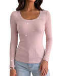 Top de manga larga de canalé con pedrería, cuello redondo y corte entallado, camiseta de punto elástica elegante para llevar como capa