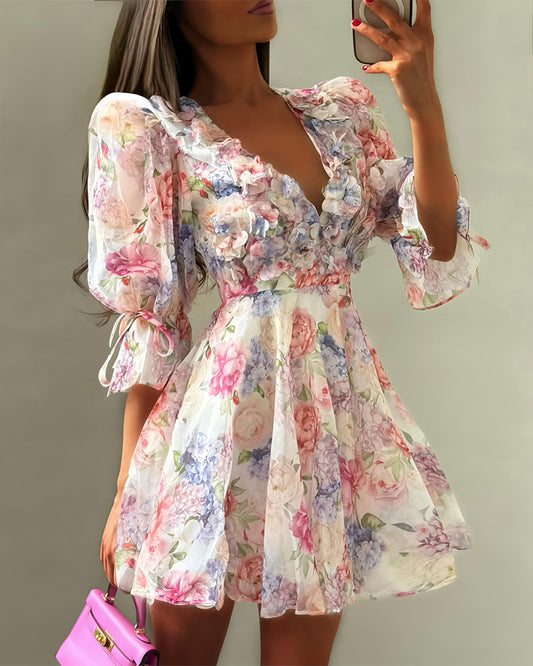 Women's 3D Floral Decor Chiffon Mini Dress Floral Print V Neck Puff Sleeve A-Line Vacation Dress