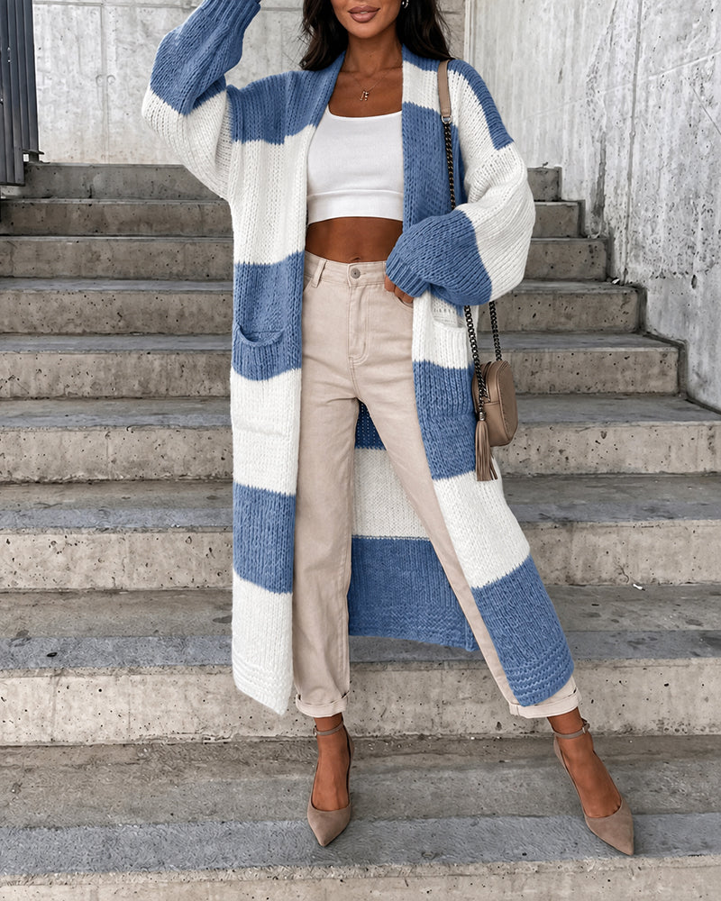 Women's Checkerboard Knit Cardigan Oversized Long Chunky Sweater Loose Lantern Sleeve Coat with Pockets