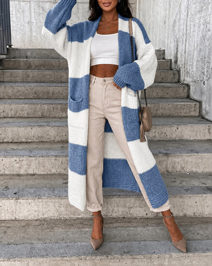 Women's Checkerboard Knit Cardigan Oversized Long Chunky Sweater Loose Lantern Sleeve Coat with Pockets