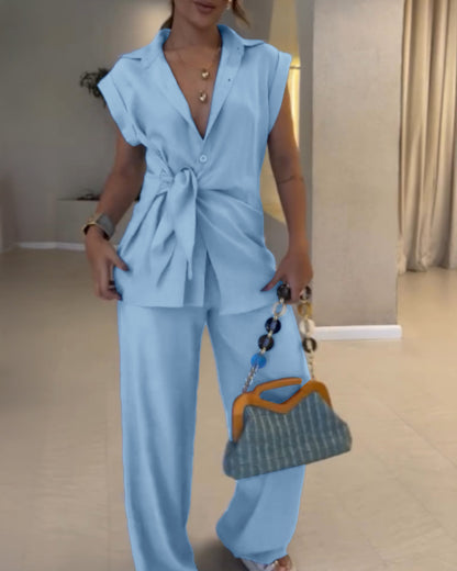 2 Pieces Outfit Turn-down Collar Cap Sleeve Button Front Tied Detail Top and Casual Zipper Fly Elastic Back Waist Wide-Leg Pants Set
