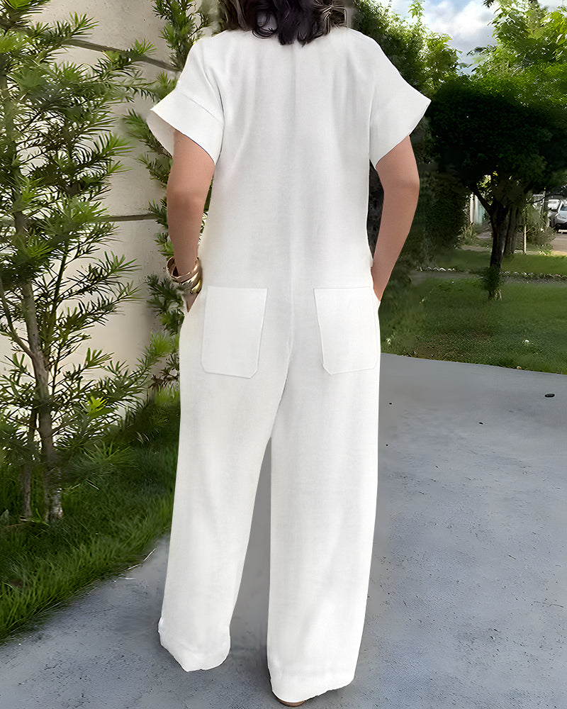 Turn-down Collar Short Sleeve Button Front Breathable Overalls Casual Wide Leg Linen Jumpsuit